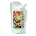 Bolsa de crema de coco El Gran Pargo de 200 ml, elaborada con coco 100 % colombiano, presentada en envase doypack con tapa rosca sobre fondo blanco