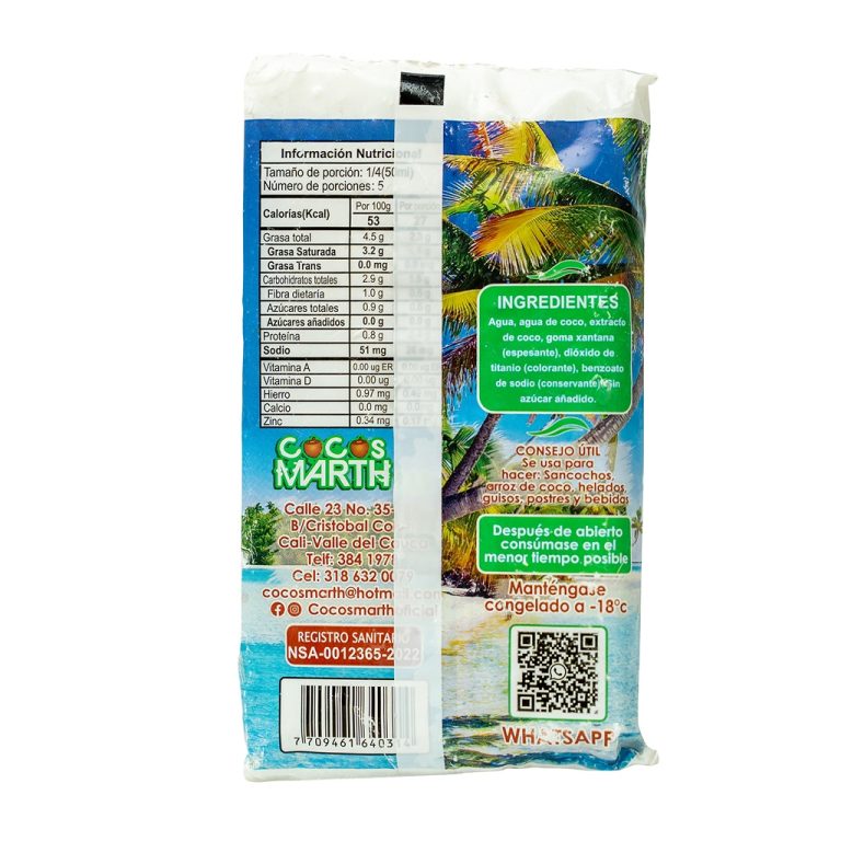 Parte posterior del envase de extracto de coco Cocos Marth S.A.S. con información nutricional, ingredientes, modo de conservación, código QR y datos del fabricante.